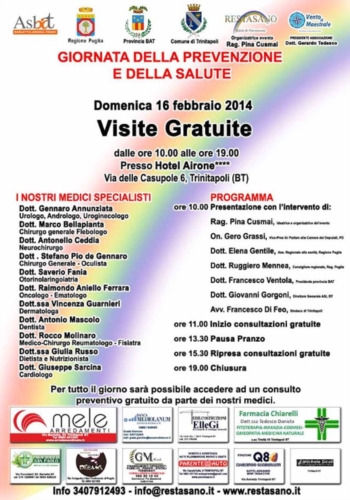 Giornata della prevenzione e della salute - Domenica 16 Febbraio - Trinitapoli, presso l'Hotel Nido dell'Airone