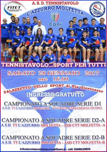 PRIMA GIORNATA DI CAMPIONATO GARE DI RITORNO PER LA.S.D.TENNISTAVOLO LAZZURRO MOLFETTA