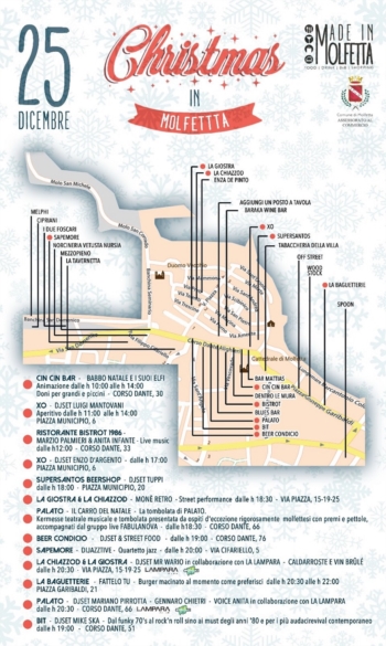 Christmas in Molfetta. Il 25 dicembre  musica,  spettacoli, animazione per bambini e famiglie al centro città per il Natale di Made in Molfetta.