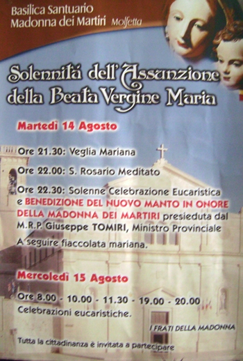 Martedì 14 Agosto presso la Madonna dei Martiri Benedizione del nuovo manto in onore della Madonna dei Martiri