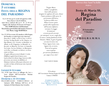 Domenica 8 e 14 Ottobre Festa di Maria SS. regina del Paradiso