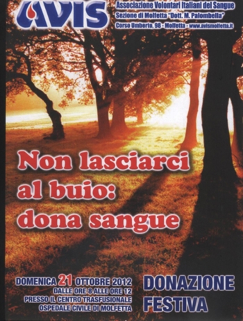 Domenica 21 Ottobre donazione festiva dalle ore 8 alle ore 12 presso il centro trasfusionale dell'ospedale di Molfetta