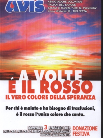 Donazione festiva: Domenica 3 febbraio dalle ore 8 alle ore 12 presso il centro trasfusionale di Molfetta