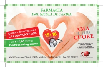 15-16 luglio nel giorno della prevenzione cardiovascolare presso la farmacia De Candia è possibile effettuare l'elettrocardiogramma a soli €10,90