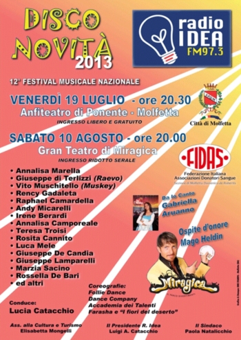 Disco Novità 2013: Venerdì 19 luglio alle 20,30 presso l'Anfiteatro di Ponente