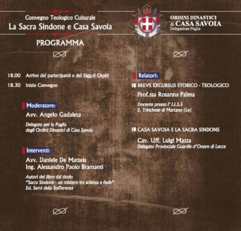 Sabato 12 Ottobre, alle ore 18,30 si terrà presso l'Hotel Excelsior di Bari un Convegno Teologico Culturale ''La Sacra Sindome e Casa Savoia''